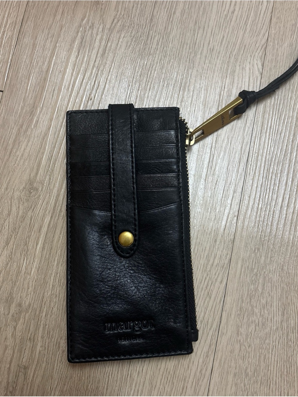 margot Black Leather Card Wallet with Gold Hardware Wrist Zip